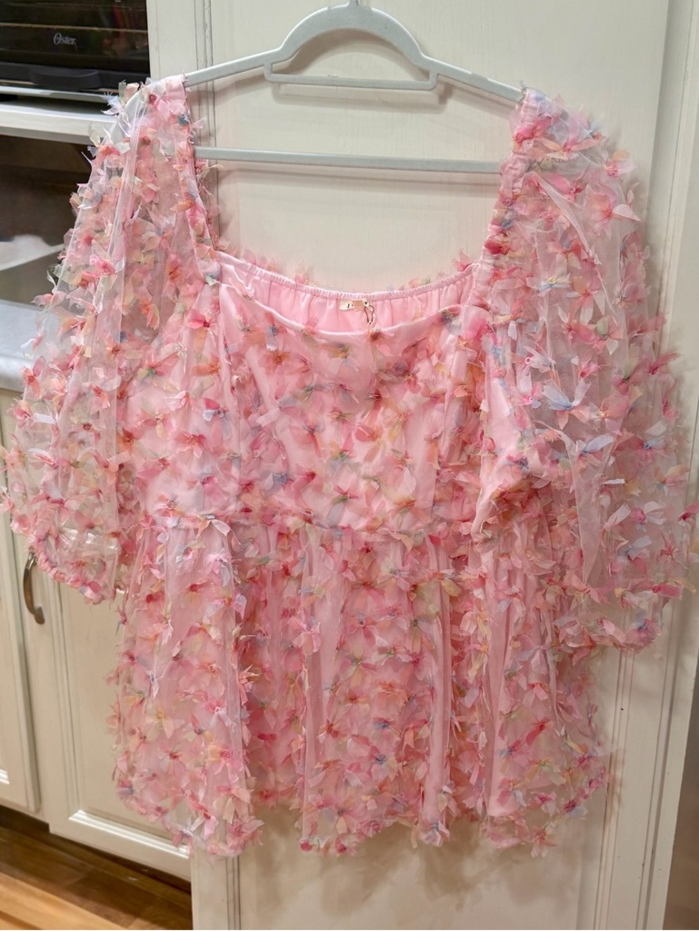 JODIFL Pastel Multi-Color Floral Applique Sheer Peplum Blouse